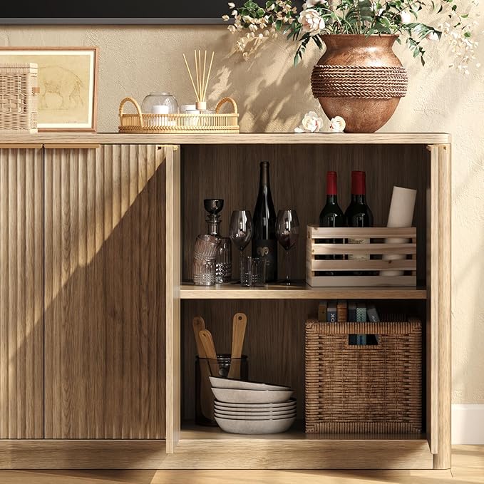 Evermagin 67" Fluted Oak Buffet Cabinet Sideboard with Storage, Large Credenza with 6 Doors, Wood Mid Century Modern Sideboard for Kitchen and Living Room (67"*31.5"*15.7")