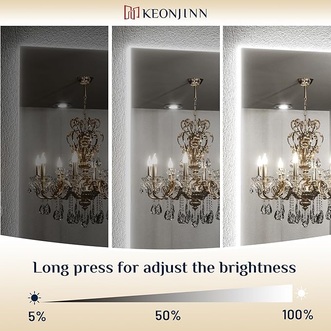 Keonjinn Bathroom Mirror with Lights 40 x 28 Inch, LED Mirror with Backlit, Anti Fog Lighted Mirror with Stepless Dimmable, UL Listed LED Driver, Waterproof, CRI90+, HD Tempered Glass