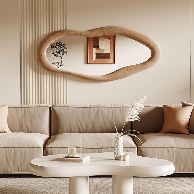 Honyee 55" x 24" Wall Mirror, Flannel Wrapped Wooden Frame Wavy Mirror, Irregular Mirror Hanging for Cloakroom/Bedroom/Living Room, Milk Tea