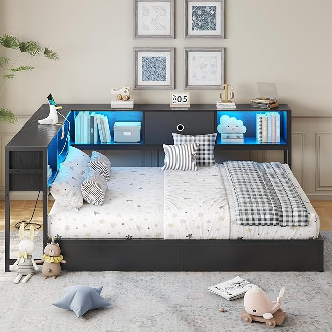 DICTAC Full Corner Bed Frame with Bookcase Storage and Led Lights Metal Platform Bed Frame Full Size with Storage Drawers & Charging Station Full Size Daybed for Teen/Adult,No Box Spring Needed,Black