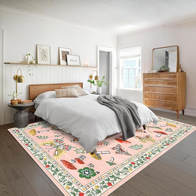 Mushroom Insect Washable Rug 5x7 Area Rugs for Bedroom Non Slip with Rubber Back Low Pile Stain Resistant Modern Butterfly Carpet for Living Room Nursery Kitchen Dining Room Light Pink