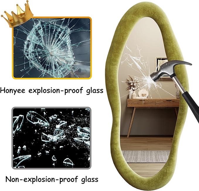 Honyee 55" x 24" Wavy Mirror, Flannel Wrapped Wooden Frame, Irregular Hanging for Cloakroom/Bedroom/Living Room, Green