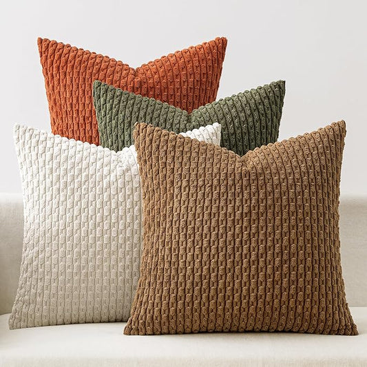 MIULEE Throw Pillow Covers Soft Couch Decorative Set of 4 Boho Striped Cushion Covers Corduroy Pillowcases Farmhouse Home Decor for Couch Bed Sofa Living Room 18x18 Inch Camel Green