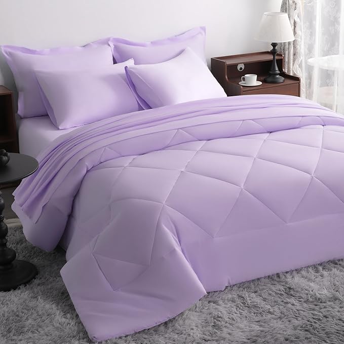 NTBAY Queen Comforter Set with Sheets, 7 Pieces Soft and Breathable Queen Bedding Set, Bed in a Bag, Down Alternative Comforter Set Solid Color All Season, Queen Bedding Set, Light Purple