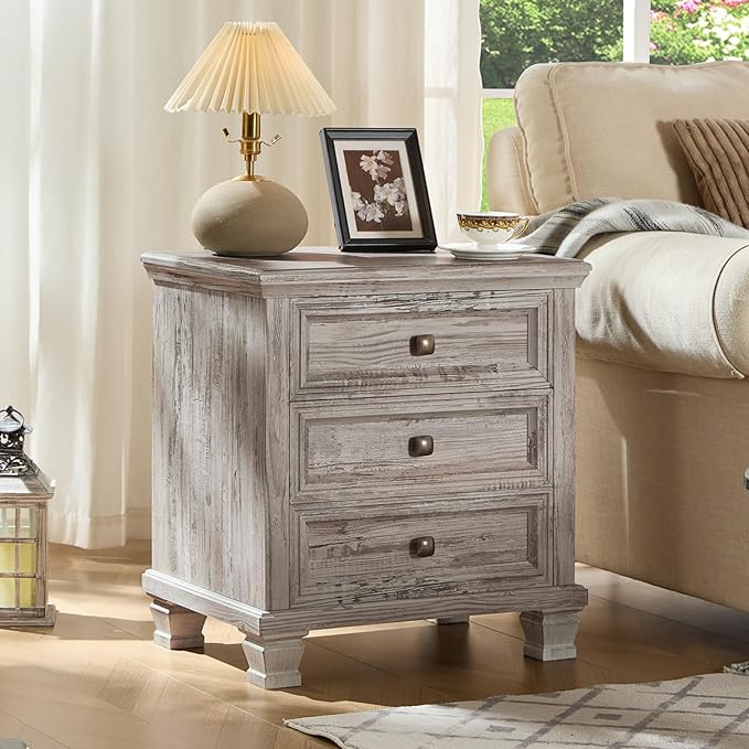 Farmhouse Nightstand with 3 Drawers, Rustic Couch End Table with 4 Square Solid Wood Legs, Mid-Century Vintage Bed Side Table with Storage, Small Dresser for Bedroom, Living Room, Grey