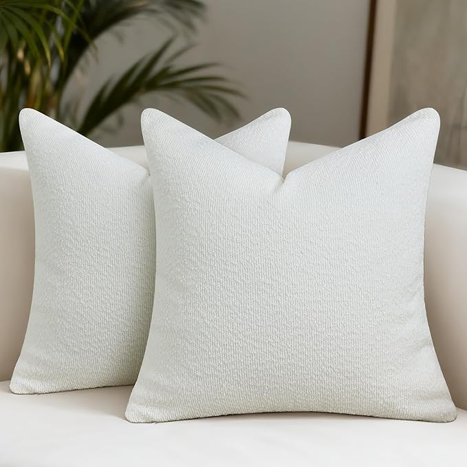 Textured Boucle Pillow Covers 18x18 Inch Set of 2, Striped Solid Pillowcases Cozy Soft Modern Accent Boho Square Decorative Throw Pillows for Couch Sofa Bed Living Room Home Decor, White