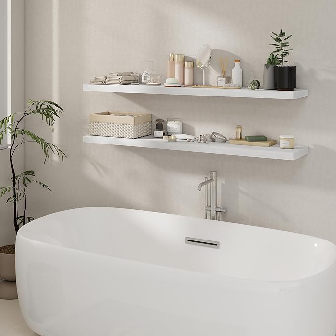 Fun Memories 55 Inch Floating Shelves for Wall 2 Pack Shelves for Bedroom|Kitchen|Bathroom Wall Mounted Rustic Wood Floating Shelf with Invisible Brackets for Books|Storage|Decor, White