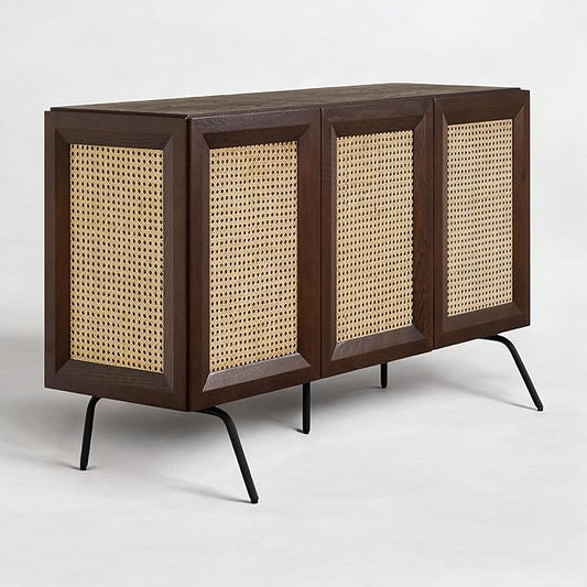 NTC MOSSIC Modern Sideboard with 3 Doors, Natural Rattan Storage Cabinet, Buffet with Metal Legs, Boho Accent Cabinet for Living Room, and Entryway, Effortless Assembly - Dark Walnut