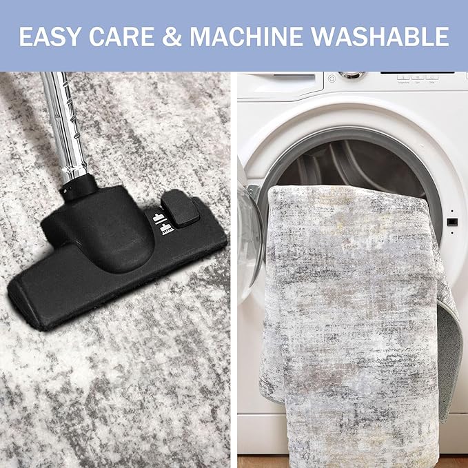 IOHOUZE Abstract Area Rugs 5x7 Ft Washable Rugs for Living Room, Non Slip Dining Room Rug, Printed Faux Wool Rugs for Bedroom, Floor Carpet for Kitchen Nursery Playroom, Grey Beige