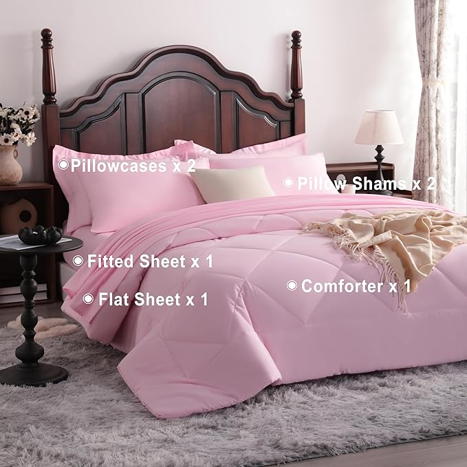 NTBAY Queen Comforter Set with Sheets, 7 Pieces Soft and Breathable Queen Bedding Set, Bed in a Bag, Down Alternative Comforter Set Solid Color All Season, Queen Bedding Set, Pink