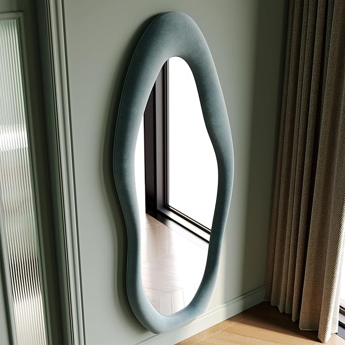 Honyee Full Length Mirror, 63" x 24" Wall Mirror, Flannel Wrapped Wooden Frame Full Body Mirror, Irregular Wavy Mirror Hanging or Leaning Against Wall for Cloakroom/Bedroom/Living Room, Blue
