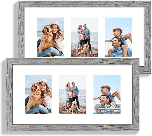 10x20 Picture Frame Set of 2, Rustic Grey Wood Frame with Real Glass Collage Frame, Display Pictures Three 5x7 With Mat or 10 x 20 Without Mat - Horizontal or Vertical Wall Mounting