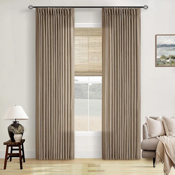 80 Inch Pinch Pleated Linen Curtains 2 Panels for Living Room Bedroom Boho Farmhouse Light Copper Brown Tan Latte Semi Sheer Back Tab Pinch Pleat with Hooks Rings Window Curtain 80 Inches Long
