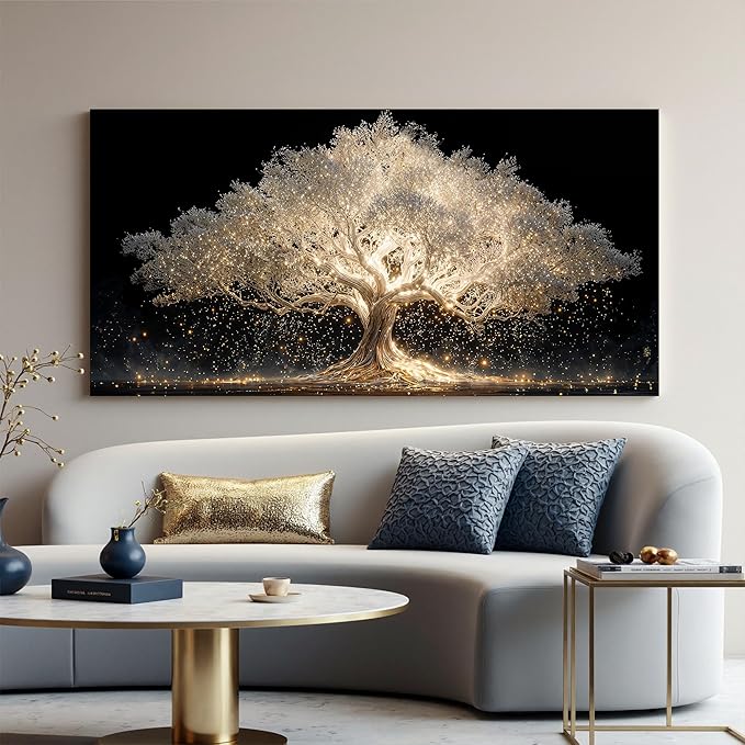 Canvas Wall Art Decor Oversized Gold Fantasy Tree Of Life Canvas Wall Art For Living Room Art Decor White Modern Aesthetics Pictures Prints Artwork For Home Bedroom Office Room Wall Decor 29×58 Inch