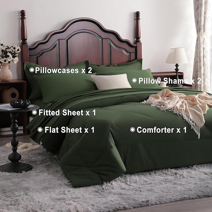NTBAY Queen Comforter Set with Sheets, 7 Pieces Soft and Breathable Queen Bedding Set, Bed in a Bag, Down Alternative Comforter Set Solid Color All Season, Queen Bedding Set, Olive Green