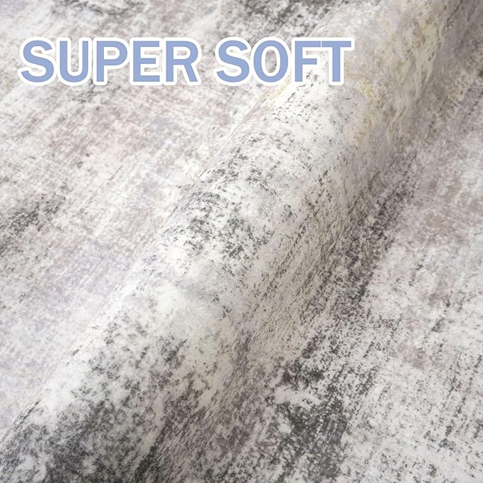 IOHOUZE Abstract Runner Rug 2x12 Ft Washable Runners for Hallways, Non Slip Kitchen Runner Printed Faux Wool Entryway Runner Indoor, Modern Abstract Floor Carpet for Hall Kitchen, Grey Beige