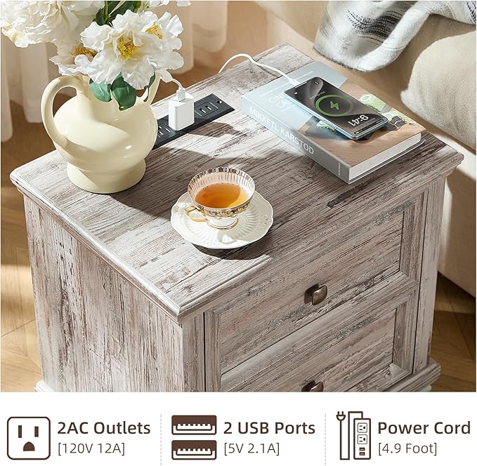 Farmhouse Nightstand with Charging Station, Rustic Low Night Stand with 2 Drawers, Mid-Century Modern End Table with 4 Square Solid Wood Legs, Small Vintage Dresser for Bedroom, Home, Grey