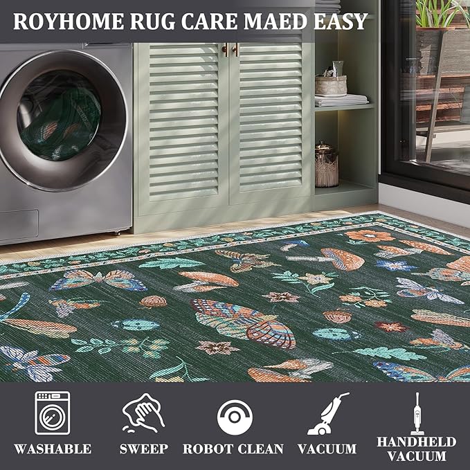 Mushroom 9x12 Rug for Living Room Non Slip Washable 9 x 12 Rug for Bedroom with Rubber Back Soft Low-Pile Stain Resistant Foldable Large Carpet for Office Nursery Dining Room Black