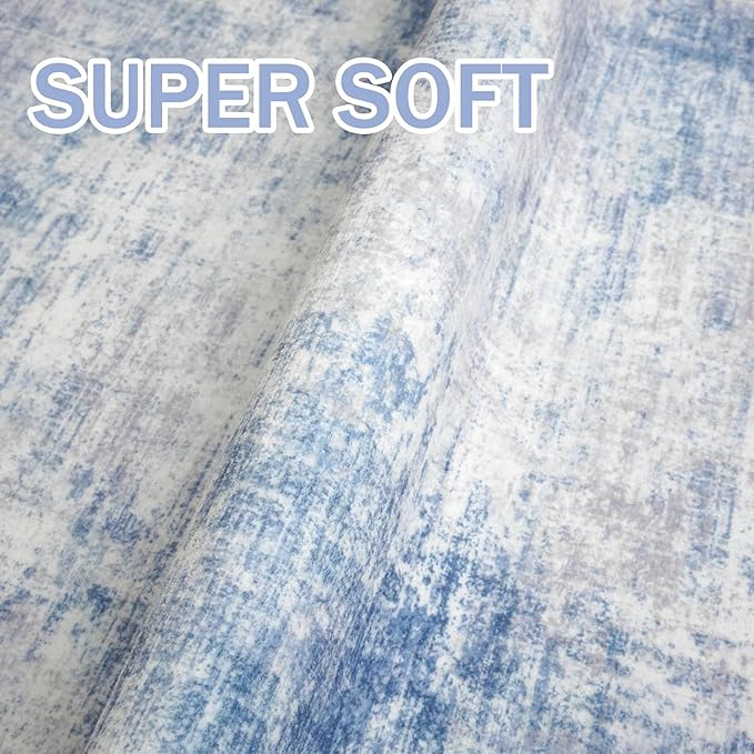 IOHOUZE Abstract Area Rugs 6x9 Ft Washable Rugs for Living Room, Non Slip Dining Room Rug, Printed Faux Wool Rugs for Bedroom, Floor Carpet for Office Nursery Playroom, Light Blue White