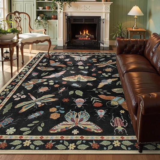 Lahome Insect 9x12 Area Rugs for Living Room Bedroom, Soft Washable Rugs 9x12 Stain Resistant, Ultra-Thin Non-Slip Non-Shedding Accent Carpet for Dining Room Office, Black