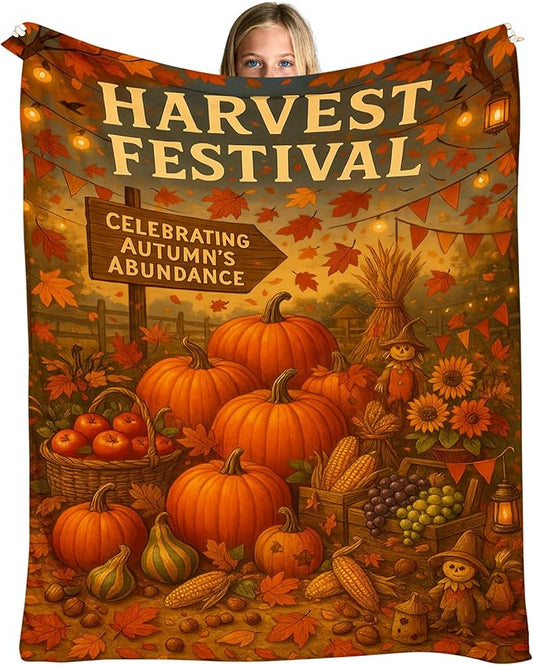 Harvest Festival Fall Blanket – Pumpkin Patch & Autumn Farm Scene, Rustic Thanksgiving Decorations, Cozy Soft Flannel Throw 60"x50" for Farmhouse Seasonal Home Decor