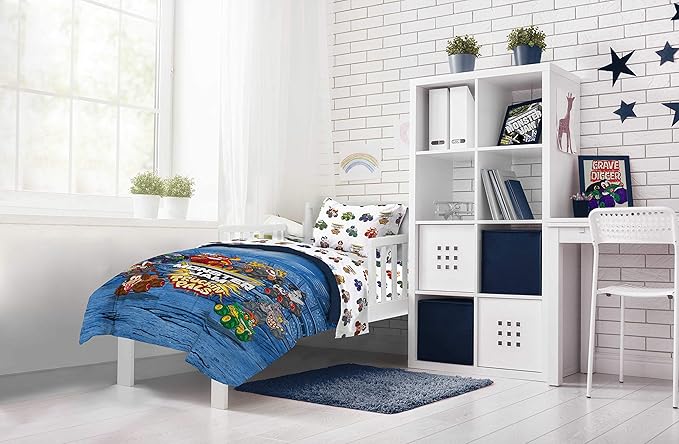 Jay Franco Monster Jam Truckin' Pals 4 Piece Toddler Bed Set - Includes Comforter & Sheet Set - Bedding Features Grave Digger & Megalodon - Super Soft Fade Resistant Microfiber
