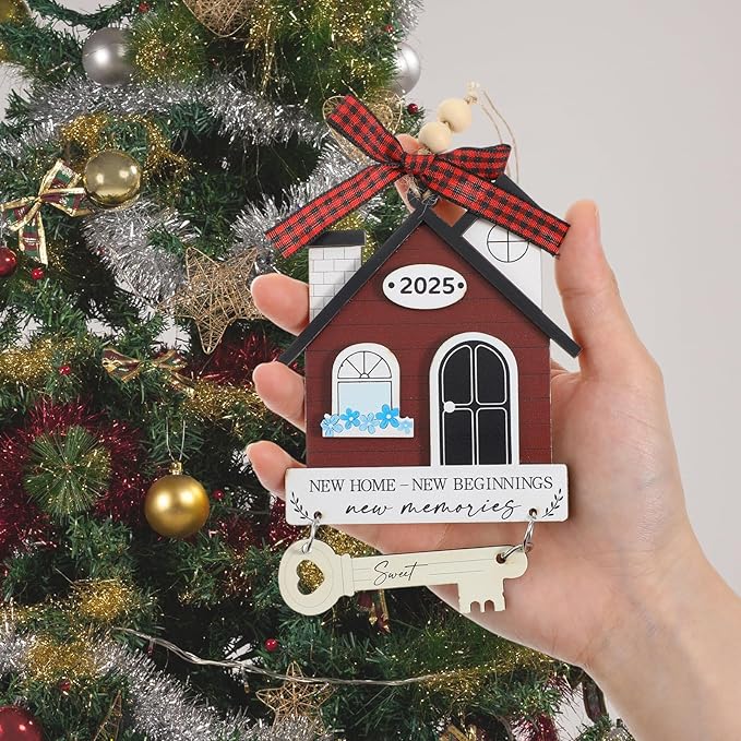 2025 New Home Keepsake, Housewarming Gift for Couples - Wooden Home Decor for New Homeowners, Unique House Warming Presents (Red)