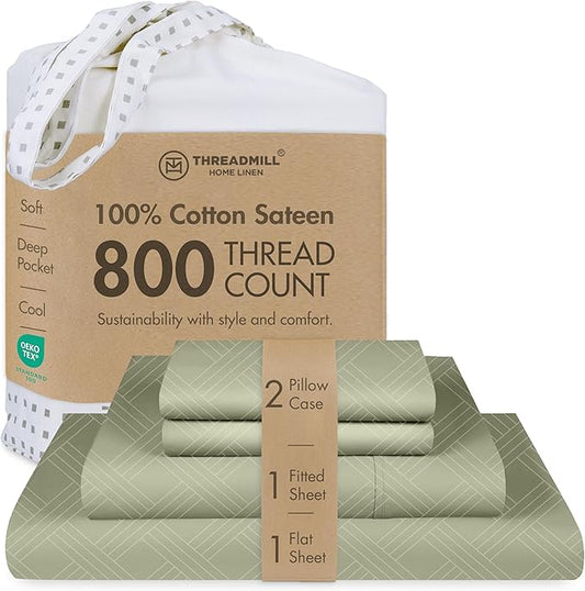 Threadmill Queen Sheet Set for Queen Mattresses | 800 Thread Count Jacquard Celine Sage Green | Better Than Egyptian Cotton | 4 Pc Bed Sheets | Elasticized Deep Pocket | 100% Cotton Sheets
