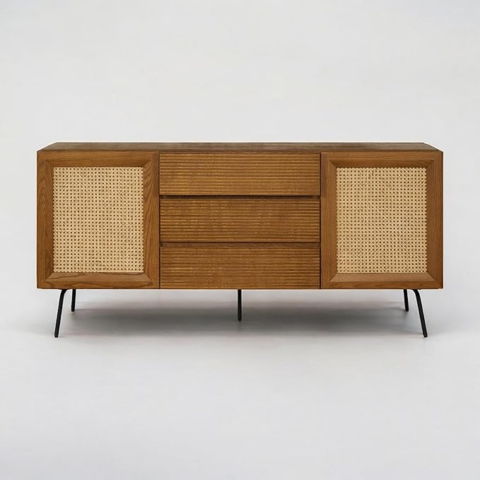 NTC MOSSIC Large Sideboard with 2 Doors and 3 Drawers, Buffet Cabinet with Natural Rattan and Metal Legs, Modern Storage Cabinet for Living Room, and Hallway, Effortless Assembly - Rustic Oak