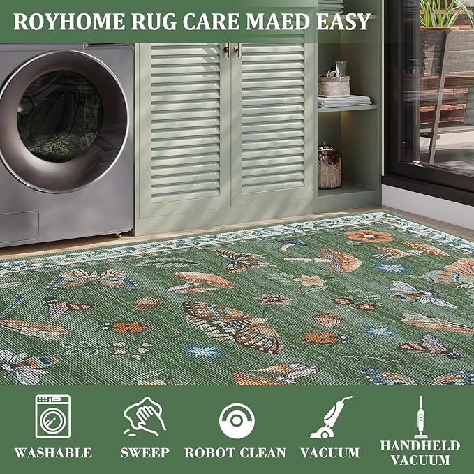 Mushroom Washable Area Rug 6x9 Rugs for Living Room Soft Low-Pile Stain Resistant Thin Carpet for Bedroom Dining Nursery Non Slip Mat with Rubber Green