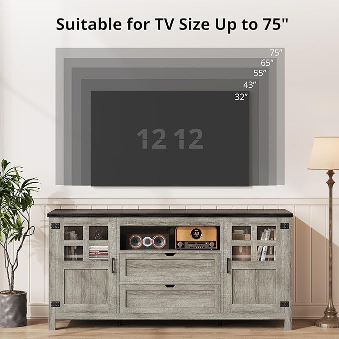 65 Inch TV Stand, Entertainment Center with Storage Cabinets, Mid Century Modern TV Console, Fits TVs up to 75" for Living Room & Bedroom (Classical Grey)