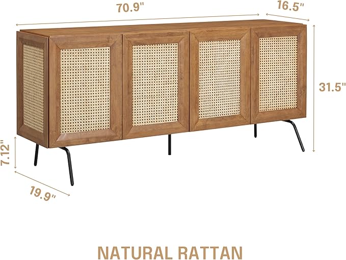NTC MOSSIC Modern Sideboard with 4 Doors, Natural Rattan Storage Cabinet, Buffet with Metal Legs, Boho Accent Cabinet for Living Room, and Entryway, Effortless Assembly, Teak Look