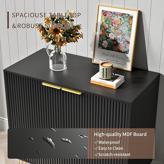 Fluted TV Stand for 90 Inch TV,Modern Black and Gold TV Stand,TV Console Entertainment Center with 3 Storage Cabinets,Adjustable Shelves & Gold Handles,Wood Media Cabinet for Living Room