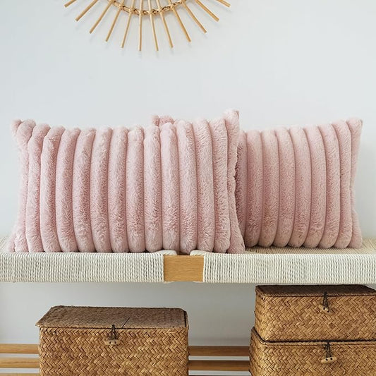 JOJUSIS Pack of 2 Faux Fur Plush Decorative Throw Pillow Covers Couch Cushion Case Soft Pillowcases (Pink, 12 x 20-Inch)