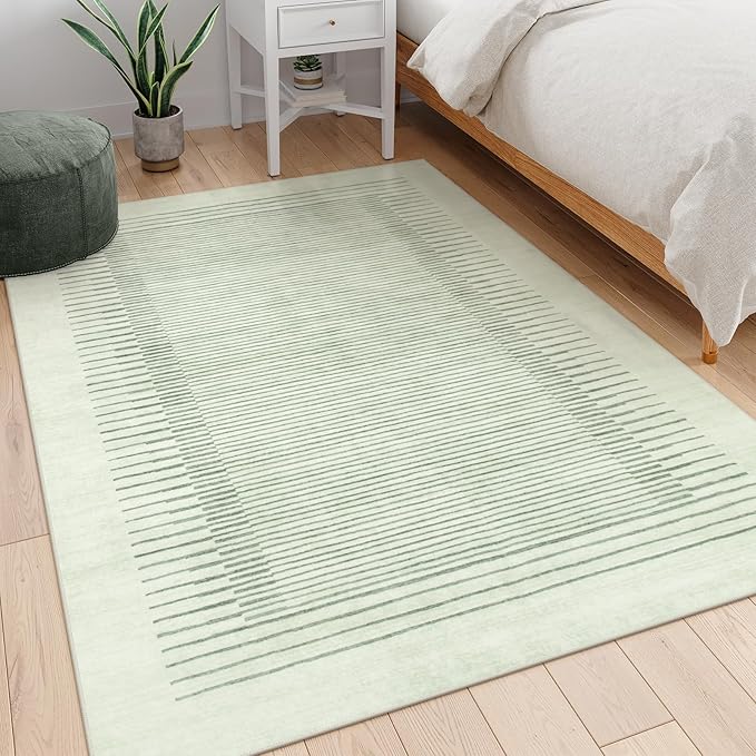 Morebes Sage Green Rug for Living Room, 5x7 Washable Area Rug for Bedroom Non Slip Modern Striped Boy Room Rug, Stain-Resistant Geometric Low Pile Soft Carpet for Nursery Dining Room