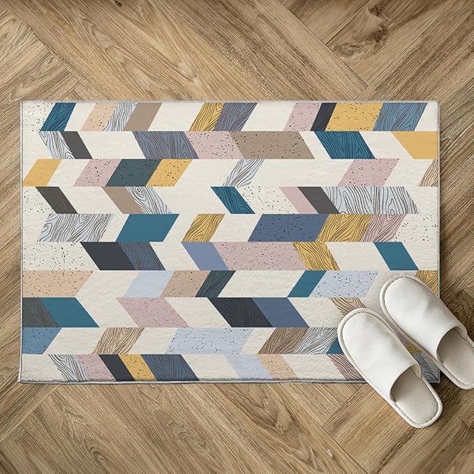 Bathroom Rug 3x5 Entryway Geometric Collage Mat Wooden Floor Texture Modern Area Rug Boho Western Machine Washable Soft Rug Carpet for Entrance Beside Living Room Bedroom Kitchen Office Indoor