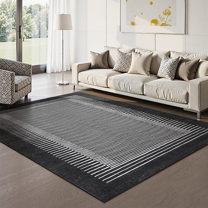 Morebes Modern Washable 5x7 Rug for Living Room, Geometric Striped Bedroom Rug Non Slip Office Rug, Stain-Resistant Low Pile Soft Indoor Floor Carpet for Dining Room Playroom, Black