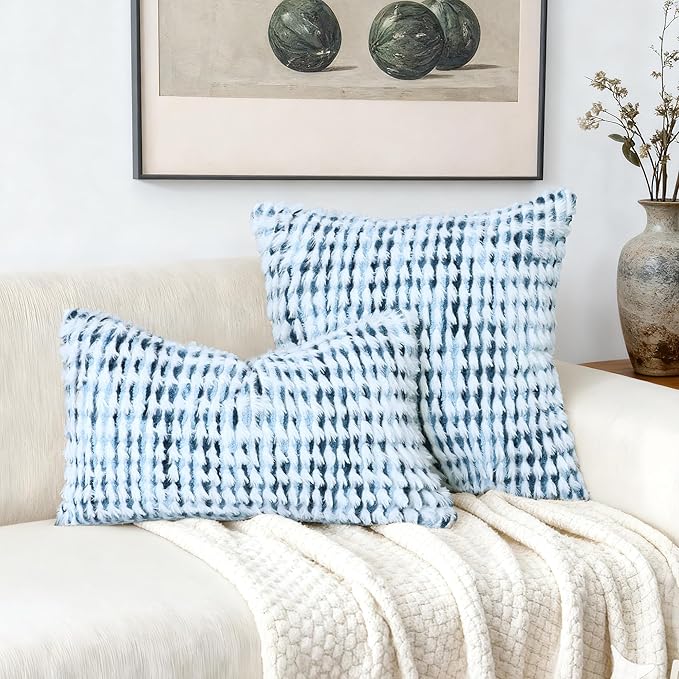 Boho Chenille Tufted Pillow Cover 12x20 Inch Set of 1, Farmhouse Striped Decorative Pillow Covers Accent Fluffy Neutral Lumbar Pillowcases for Couch Sofa Bedroom Living Room, Blue White