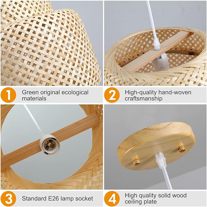 Bamboo Pendant Light - Boho Basket Chandelier Handmade Woven Pendant Light, Natural Wicker Rattan Hanging Chandelier for Kitchen Island Dining Room Living Room Porch