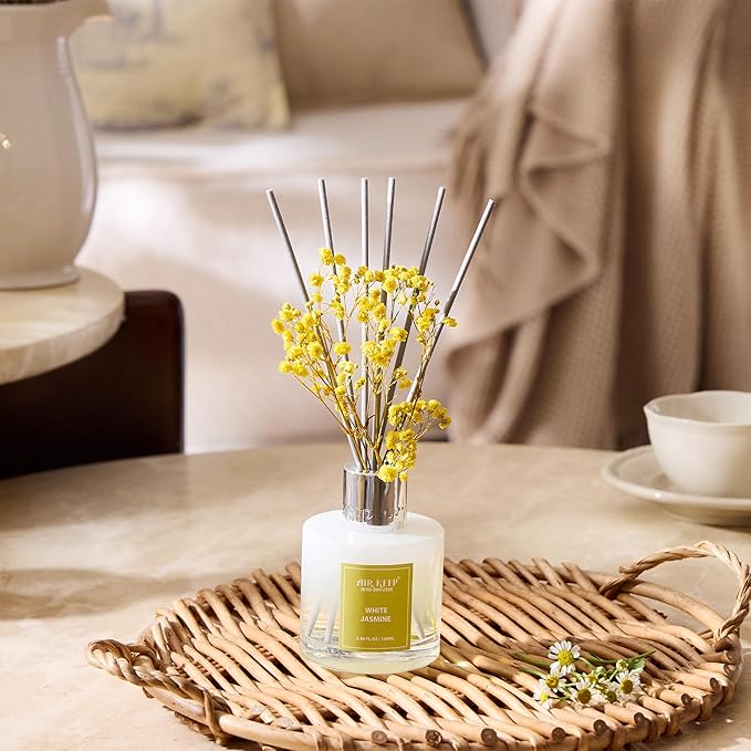 Airkeep Reed Diffuser Set,3.38 fl oz (100 ml) - White Jasmine Oil Diffusers with 8 Reed Sticks, Home Fragrance Reed Diffuser for Bathroom Shelf Decor
