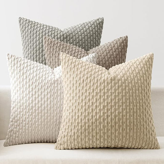MIULEE Throw Pillow Covers Soft Couch Decorative Set of 4 Boho Striped Cushion Corduroy Pillowcases Farmhouse Rustic Mid Modern Home Decor for Couch Bed Sofa Living Room 18x18 Inch Neutral Harmony
