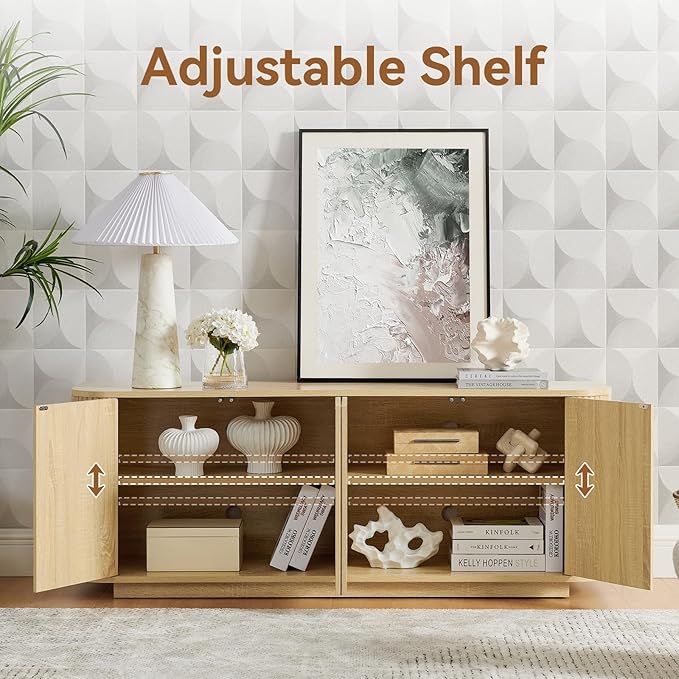 64" Buffet Sideboard Cabinet with Storage, Modern Fluted Accent Credenza with Adjustable Shelves, Wood Coffee Bar Console Table for Living Room Kitchen Dining Room Hallway, Natural