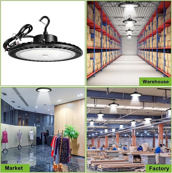 High Bay Led Shop Lights 200W 1-10V Dimmable UFO LED High Bay Light 200W 5000K with US Plug&Hook 30000LM ETL Listed - Ideal Shop Lights UFO Lights Led Warehouse