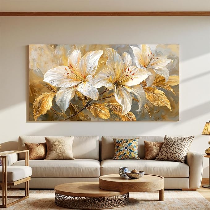 Canvas Wall Art Decor White Flower large wall art Decor For Living Room Gold Botanical Wall Art Decor Modern Aesthetics Wall Art Paintings Prints For Home Bedroom Office Room Wall Decor 24×48 Inch