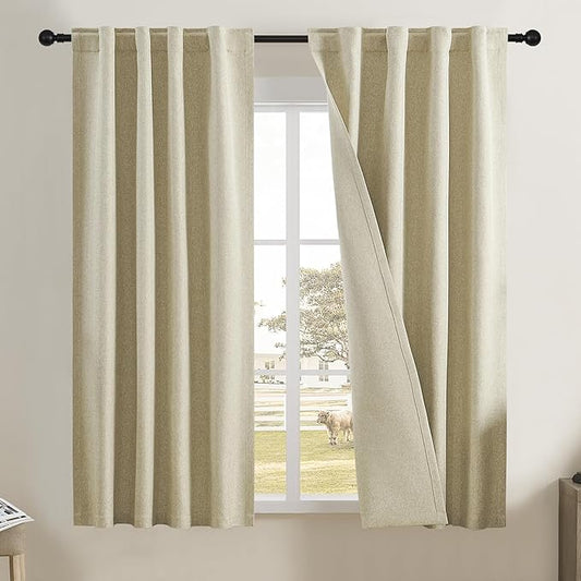 100% Blackout Curtains Back Tab/Rod Pocket Living Room Drapes,Room Darkening Sound Dampening for Small Window Kitchen Curtains,Black Out Curtains for Bedroom 2 Panels Set,34x54 L,Chartreuse Oatmeal