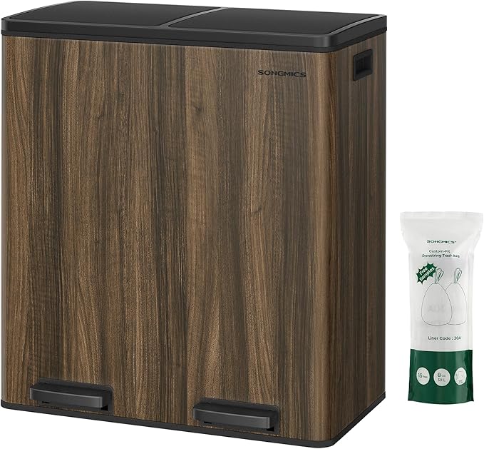 SONGMICS Trash Can, 2 x 8-Gallon Garbage Can for Kitchen, with 15 Trash Bags, 2 Compartments, Plastic Inner Buckets and Hinged Lids, Airtight, Dark Walnut ULTB060N02V1
