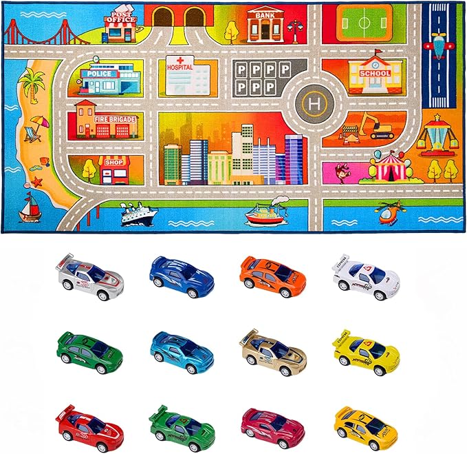 Booooom Jackson Kids Carpet Playmat with 12 Toy Cars for Age 3+ Colorful Non Slip City Rug for Kids Track Play Mat Playroom Bedroom Classroom Nursery