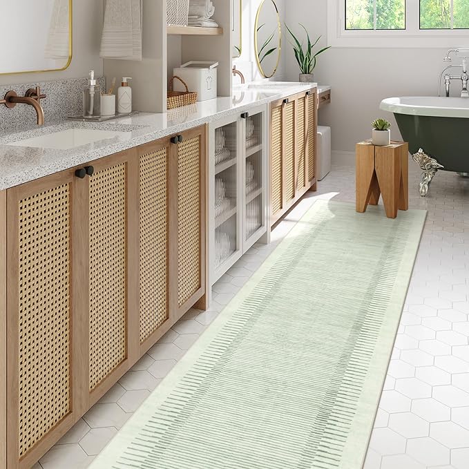 Morebes Modern Green Rug Runners for Hallways 2.5x8, Washable Kitchen Runner Rug Non-Slip, Striped Soft Low Pile Ultra-Thin Carpet for Bathroom Bedroom Nursery (2.5'x8',Sage Green)