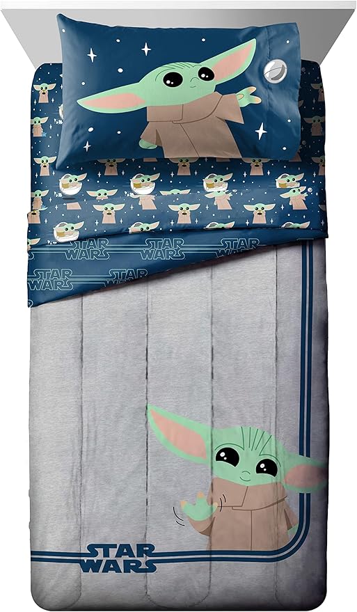 Jay Franco Star Wars The Mandalorian Hello Grogu 7 Piece Full Size Bed Set - Includes Comforter & Sheet Set - Super Soft Kids Bedding Fade Resistant Microfiber (Official Star Wars Product)