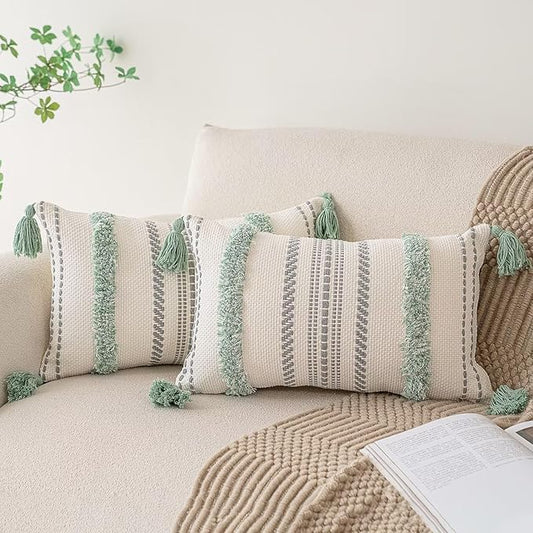 Boho Throw Pillow Covers 12x20 Set of 2 Woven Tufted Farmhouse Pillows Cover with Tassels Textured Striped Cushion Case Lumbar Pillow Cases Decorative Pillowcase for Sofa, Couch, Bed, Light Green